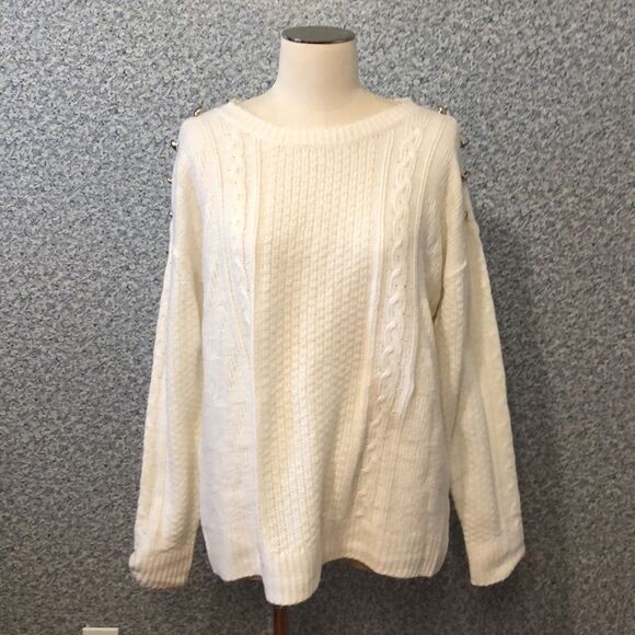 T284 Liz Clairborne Ivory Embellished Cable Knit Sweater Size L - Picture 1 of 5